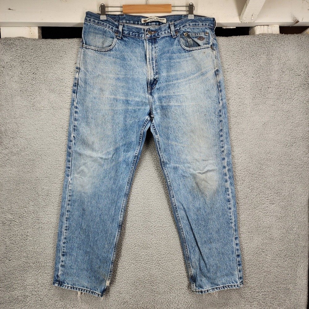 Harley Davidson Mens‎ Light Wash Distressed Relaxed Denim Jeans 38x30 Blue
